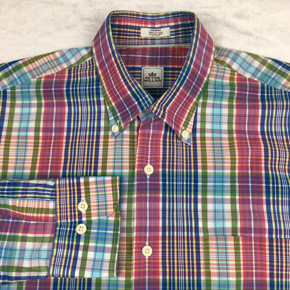Peter Millar Crown Shirt Mens Medium Multi-Color Plaid Long Sleeves